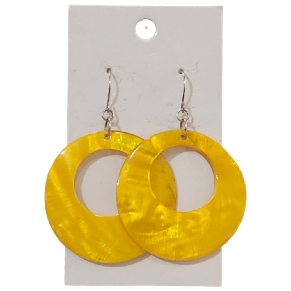 Yellow MOP Shell Circle Disk Dangle Earrings 2.5" Drop Statement Kansas City W1